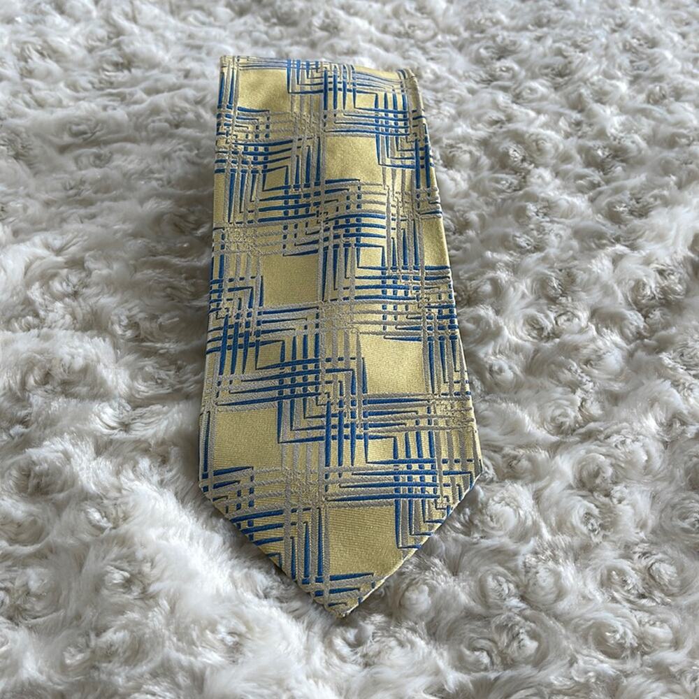 LAMBERTI  Men’s Silk Tie Geometric Print Yellow Blue Made in Italy
